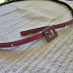Vintage Pink Leather Slim Belt with Silver Rhinestone Buckle & Studs